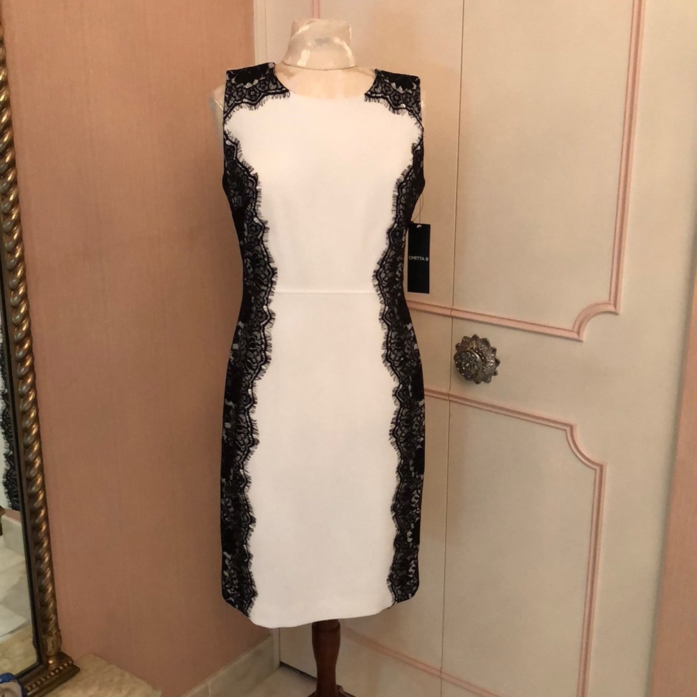 CHETTA B IVORY SHEATH W/ BLACK LACE DETAIL